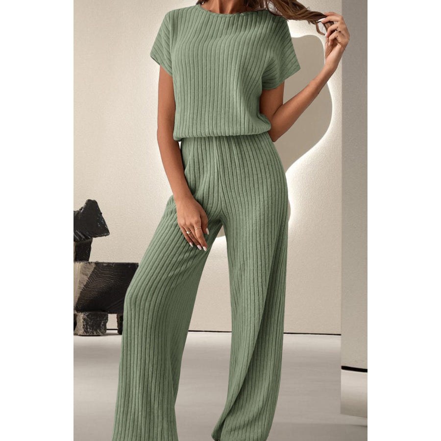 Round Neck Short Sleeve Jumpsuit Sage / S Apparel and Accessories