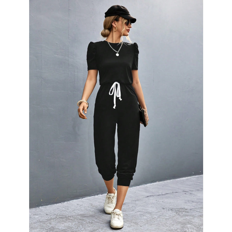 Round Neck Short Sleeve Jumpsuit Black / S Apparel and Accessories