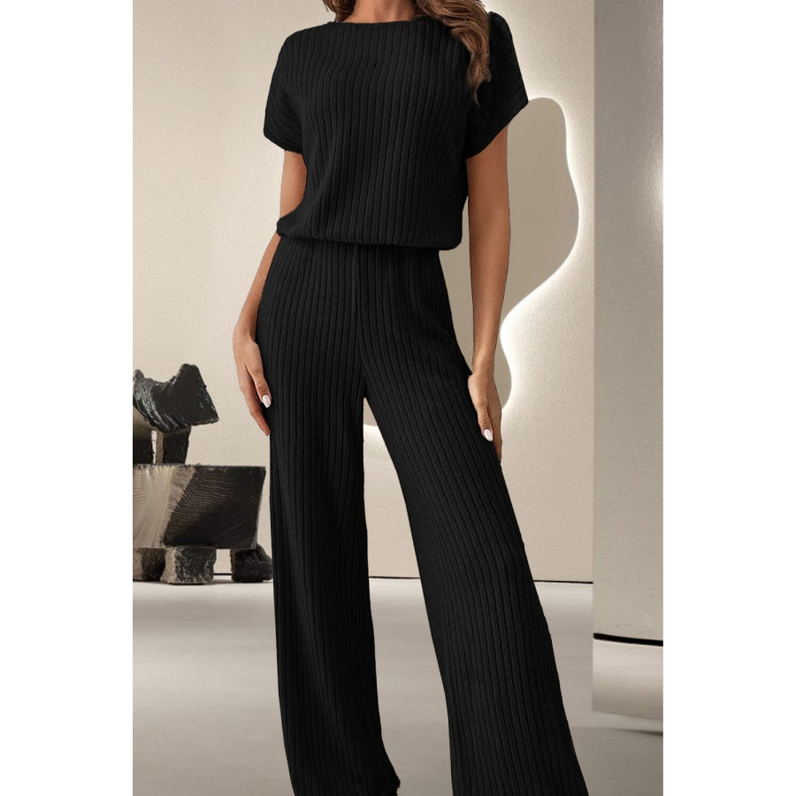 Round Neck Short Sleeve Jumpsuit Black / S Apparel and Accessories