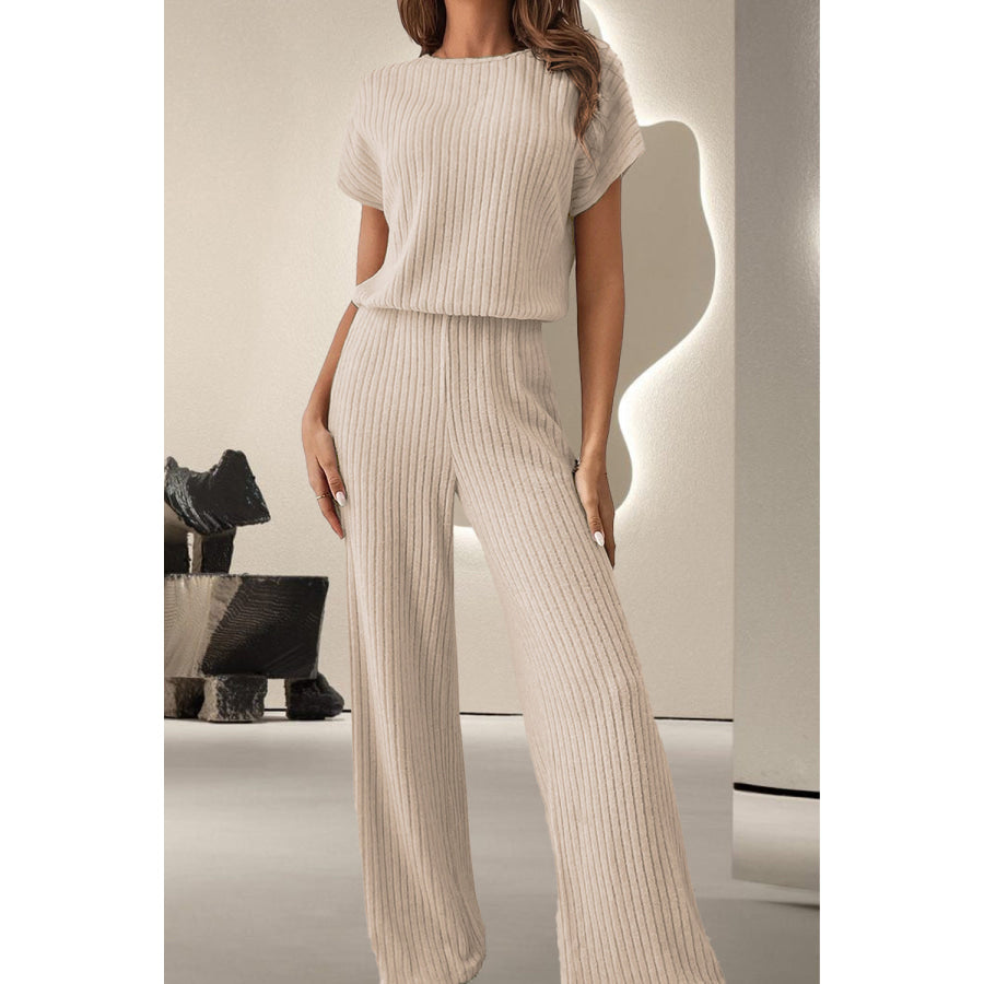 Round Neck Short Sleeve Jumpsuit Cream / S Apparel and Accessories