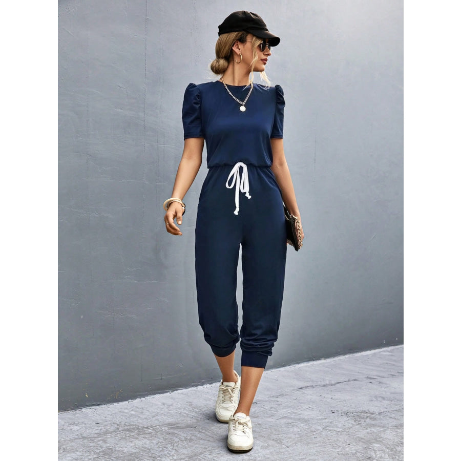 Round Neck Short Sleeve Jumpsuit Dark Navy / S Apparel and Accessories