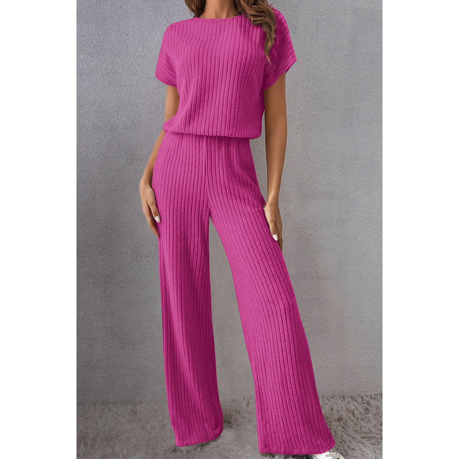 Round Neck Short Sleeve Jumpsuit Deep Rose / S Apparel and Accessories