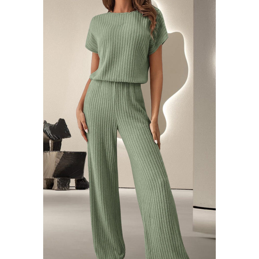 Round Neck Short Sleeve Jumpsuit Sage / S Apparel and Accessories