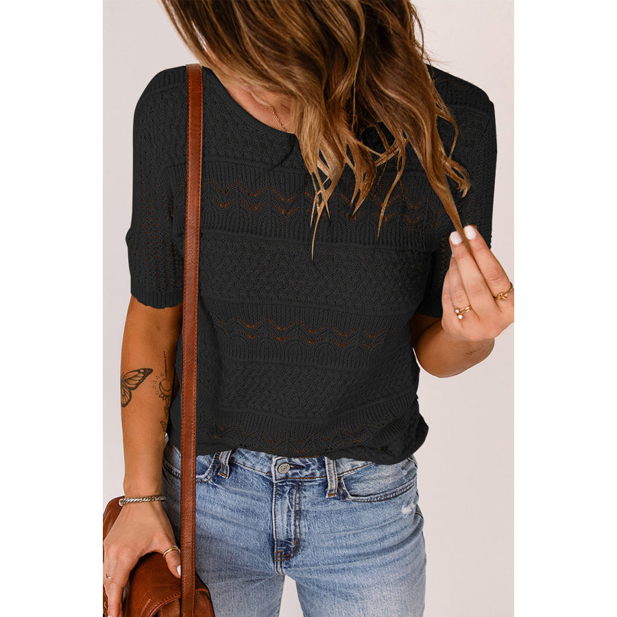 Round Neck Short Sleeve Knit Top Apparel and Accessories