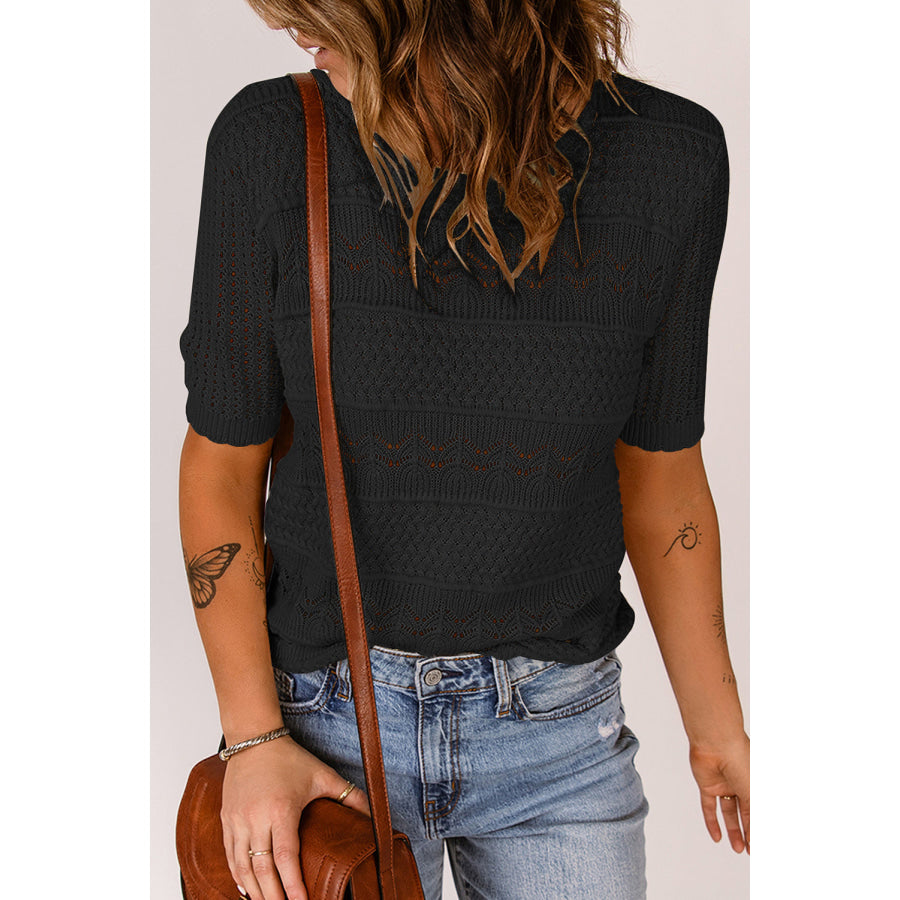 Round Neck Short Sleeve Knit Top Black / M Apparel and Accessories