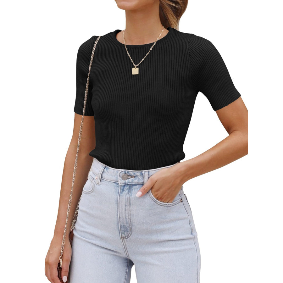 Round Neck Short Sleeve Knit Top Apparel and Accessories
