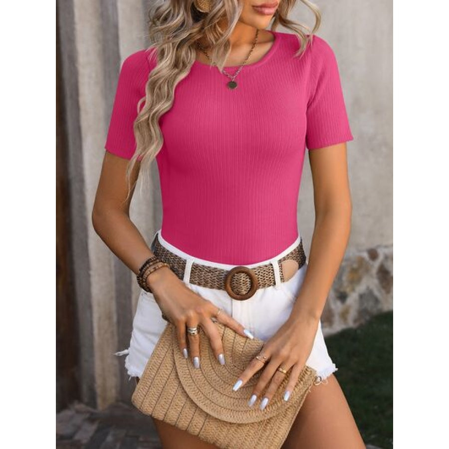 Round Neck Short Sleeve Knit Top Apparel and Accessories