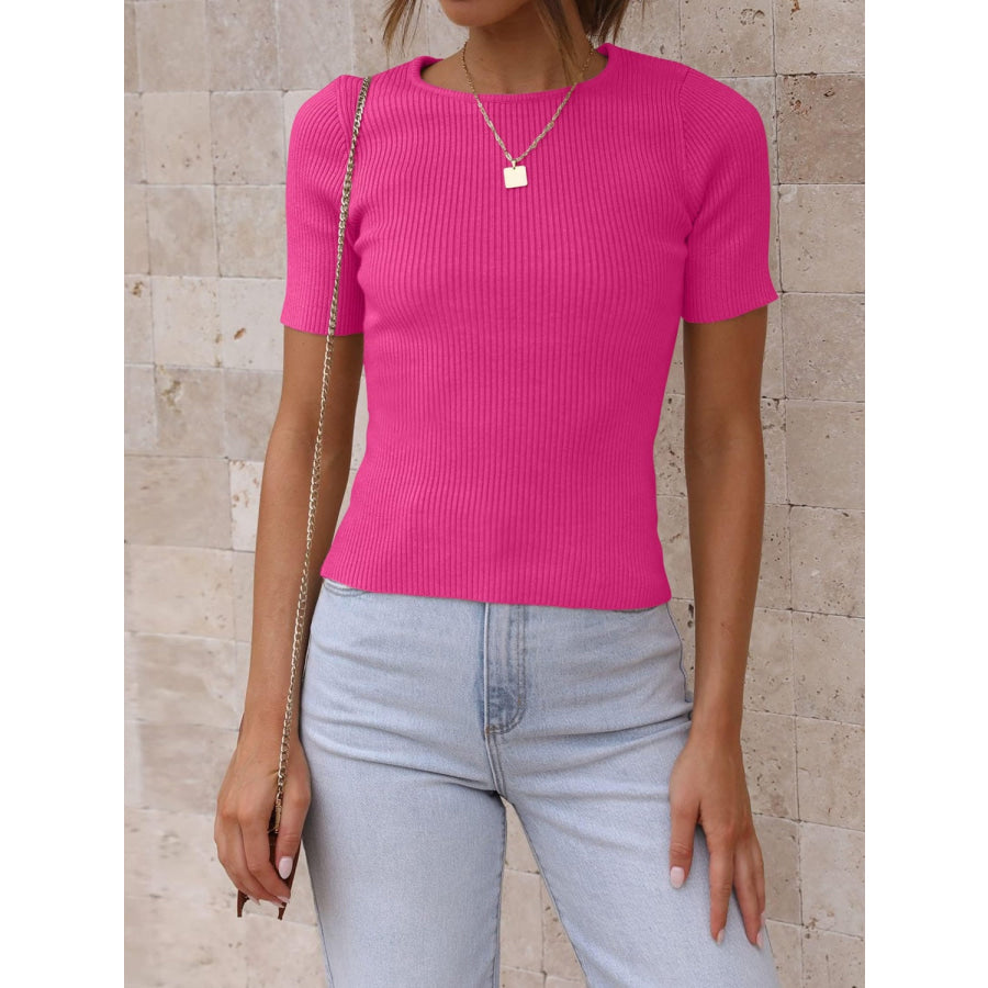 Round Neck Short Sleeve Knit Top Apparel and Accessories