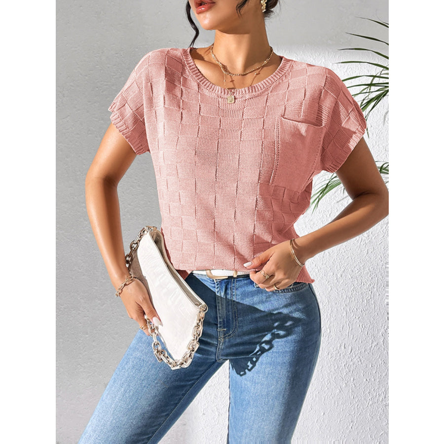 Round Neck Short Sleeve Knit Top Apparel and Accessories
