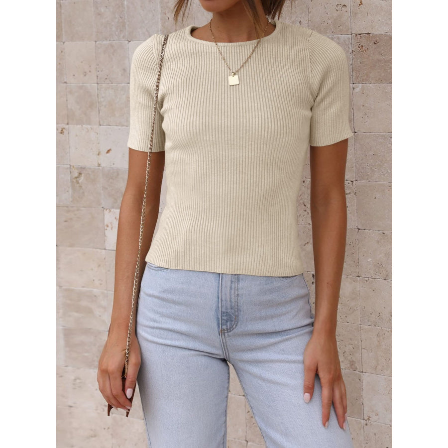 Round Neck Short Sleeve Knit Top Apparel and Accessories