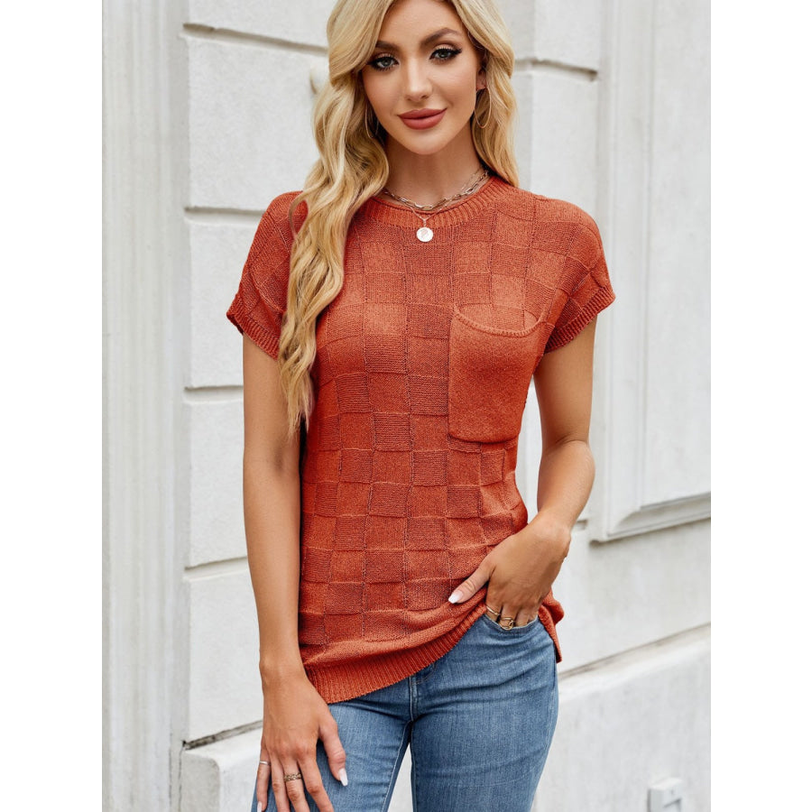 Round Neck Short Sleeve Knit Top Apparel and Accessories