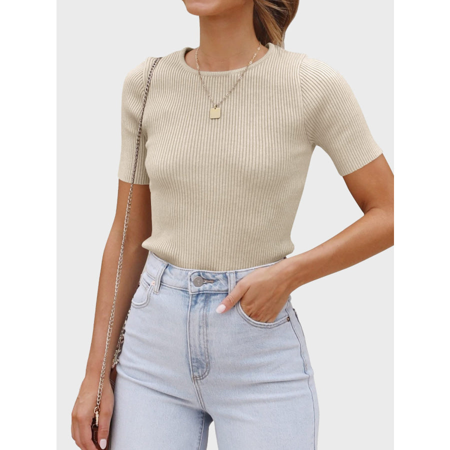 Round Neck Short Sleeve Knit Top Beige / S Apparel and Accessories