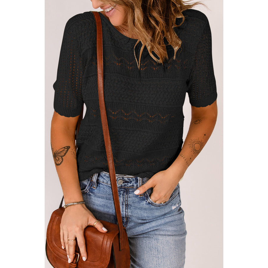 Round Neck Short Sleeve Knit Top Black / M Apparel and Accessories