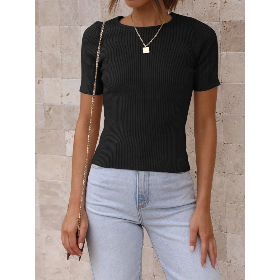 Round Neck Short Sleeve Knit Top Black / S Apparel and Accessories