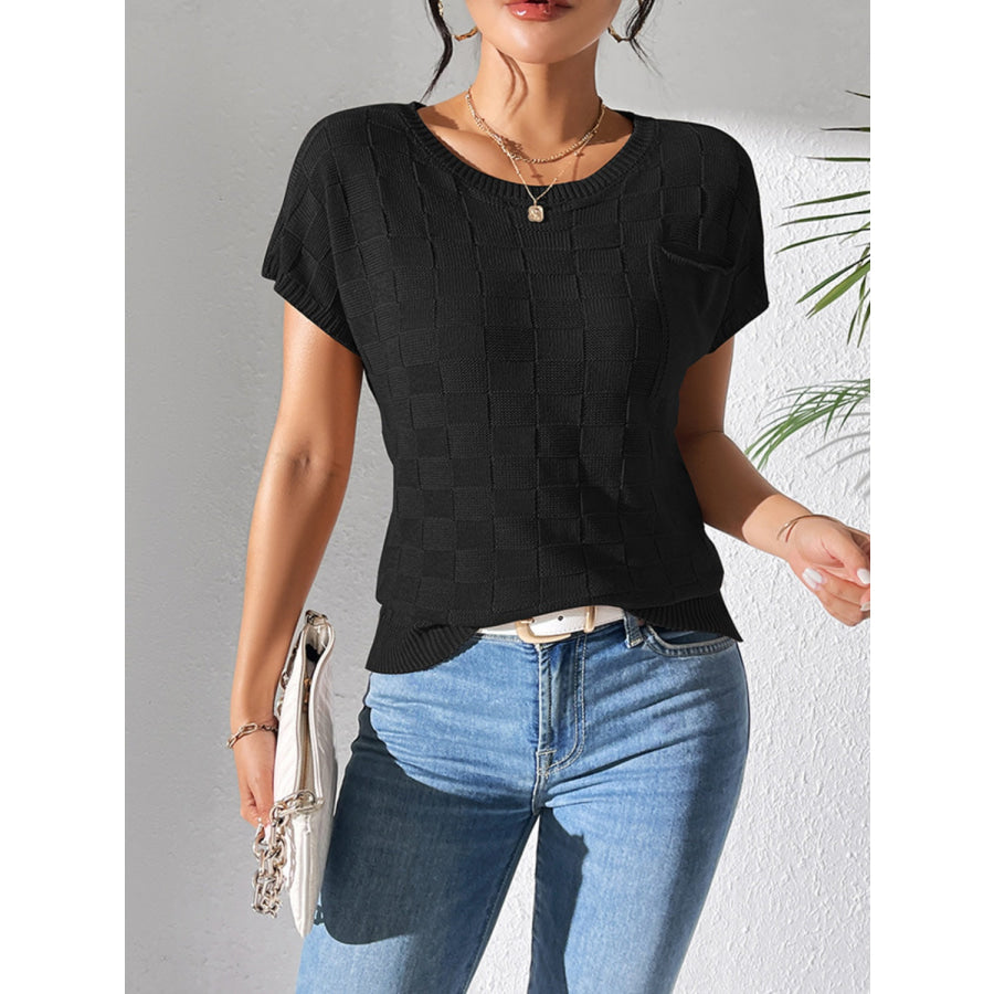 Round Neck Short Sleeve Knit Top Black / S Apparel and Accessories