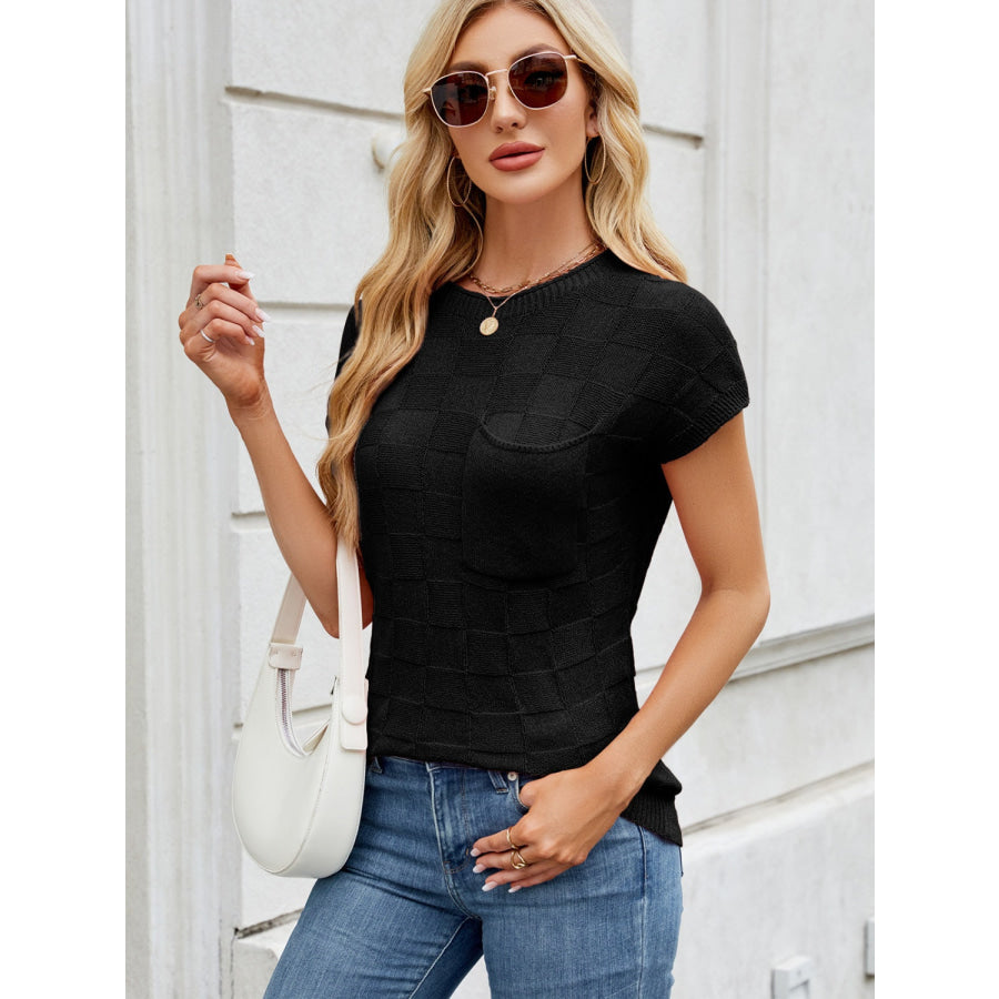 Round Neck Short Sleeve Knit Top Black / S Apparel and Accessories