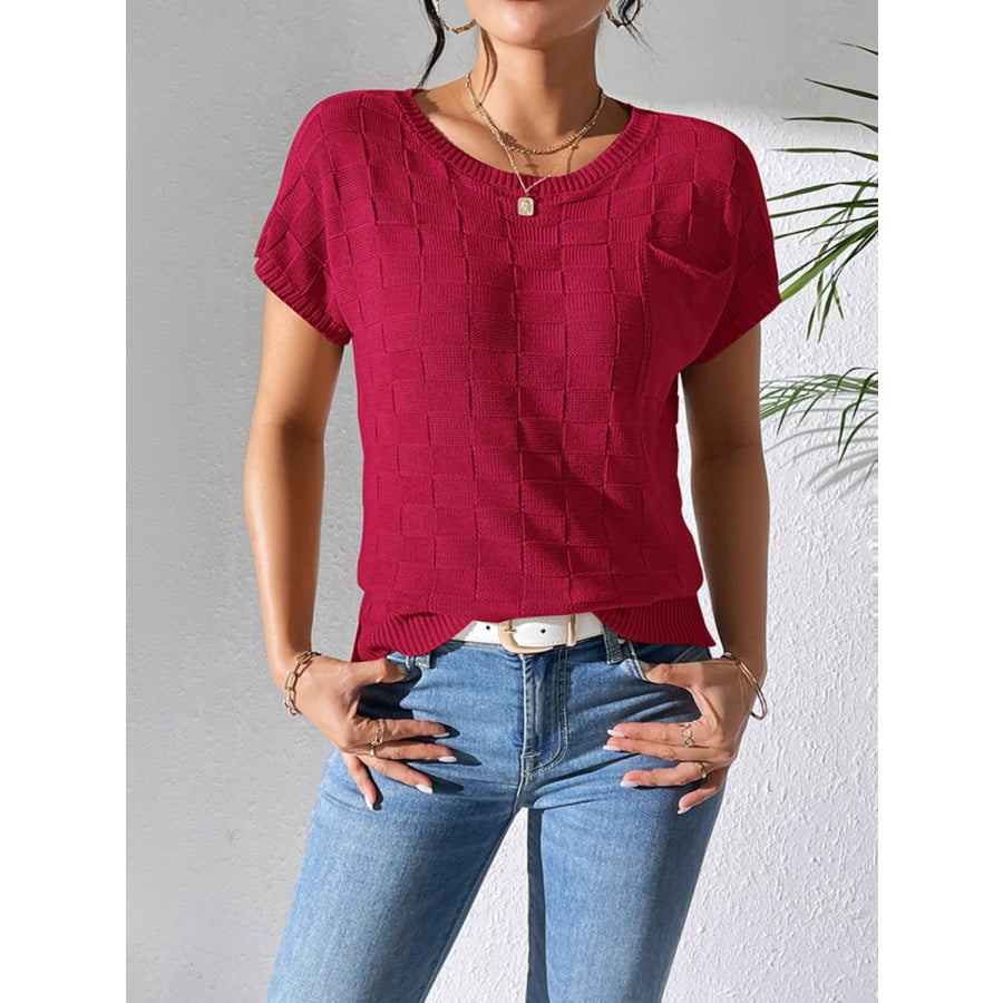 Round Neck Short Sleeve Knit Top Burgundy / S Apparel and Accessories