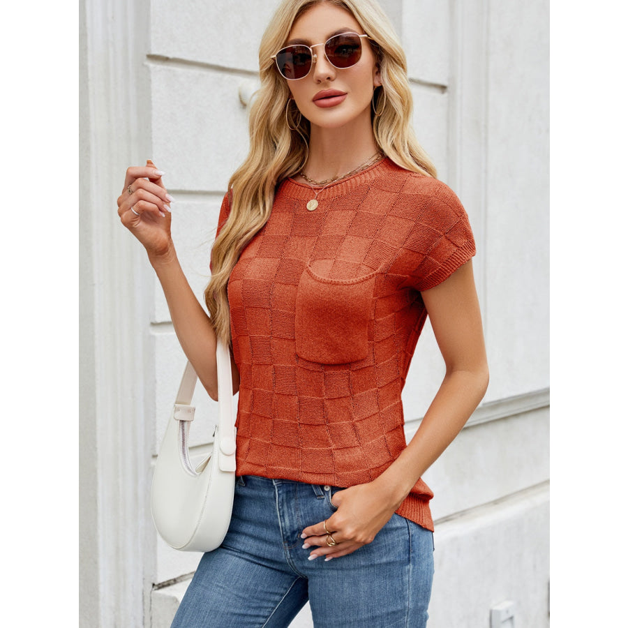 Round Neck Short Sleeve Knit Top Caramel / S Apparel and Accessories