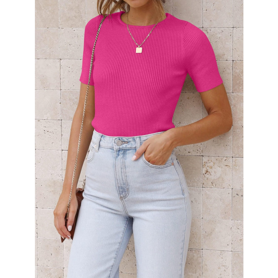 Round Neck Short Sleeve Knit Top Deep Rose / S Apparel and Accessories
