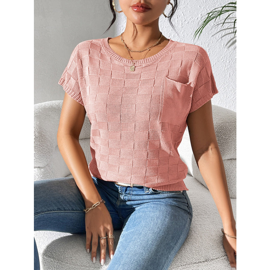 Round Neck Short Sleeve Knit Top Dusty Pink / S Apparel and Accessories