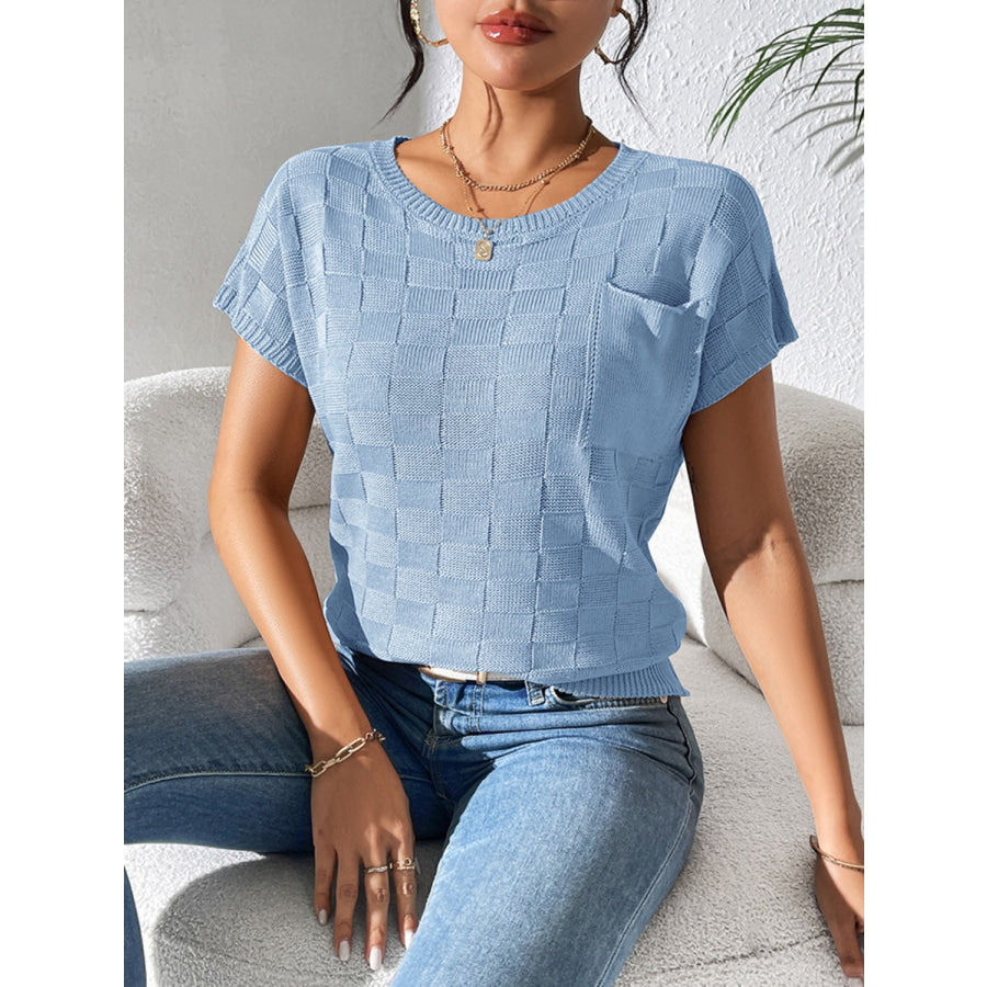 Round Neck Short Sleeve Knit Top Light Blue / S Apparel and Accessories