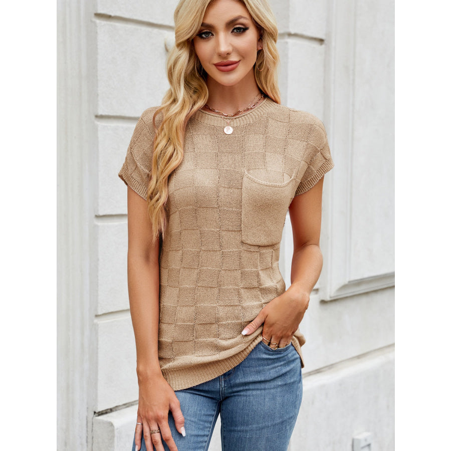 Round Neck Short Sleeve Knit Top Tan / S Apparel and Accessories