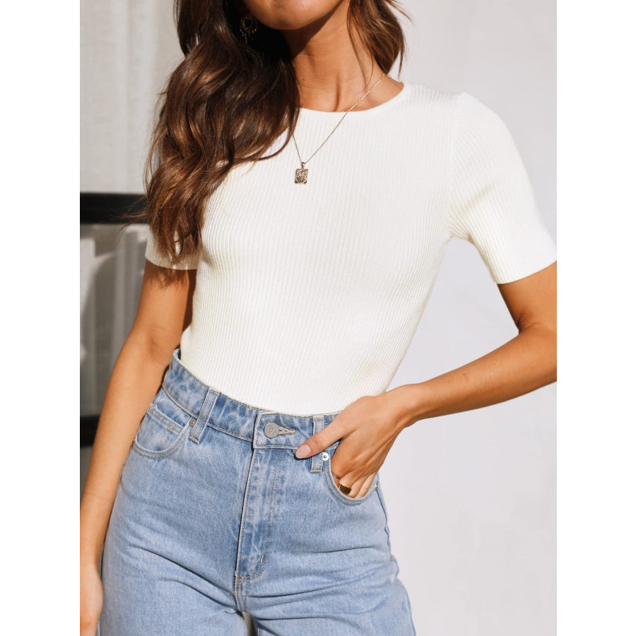 Round Neck Short Sleeve Knit Top White / S Apparel and Accessories
