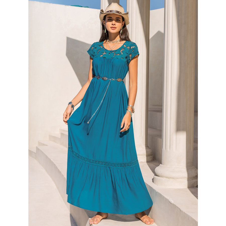 Round Neck Short Sleeve Maxi Dress Sky Blue / S Apparel and Accessories