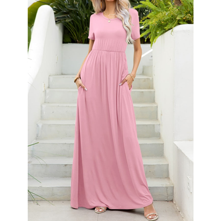Round Neck Short Sleeve Maxi Dress with Pockets Blush Pink / S