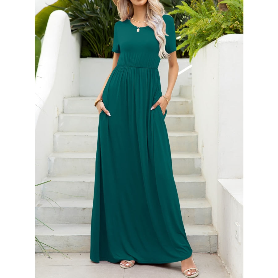 Round Neck Short Sleeve Maxi Dress with Pockets Deep Teal / S