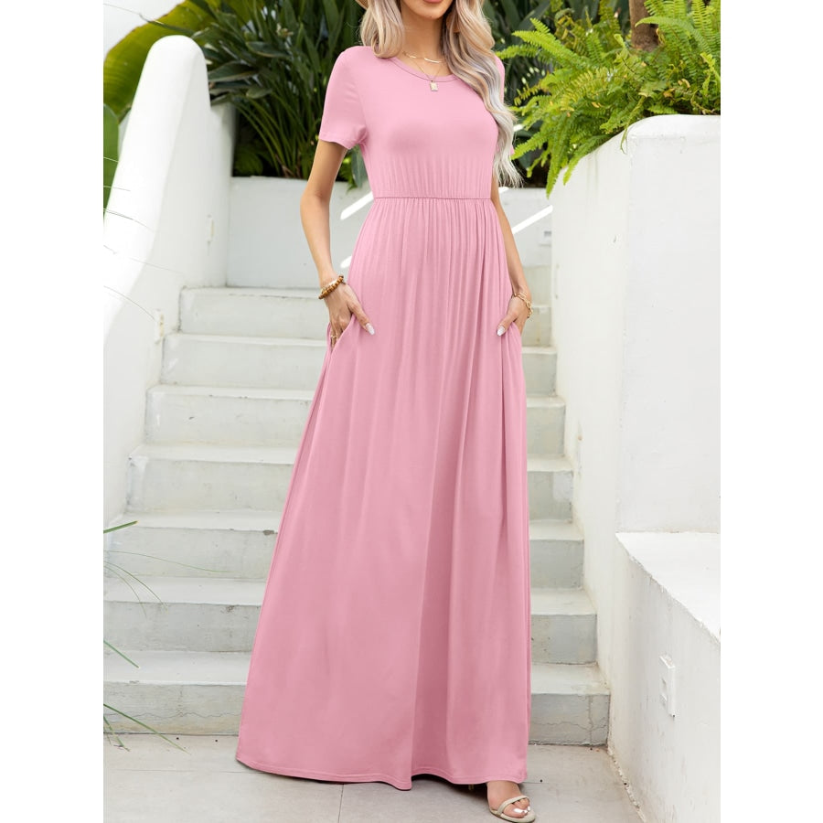 Round Neck Short Sleeve Maxi Dress with Pockets