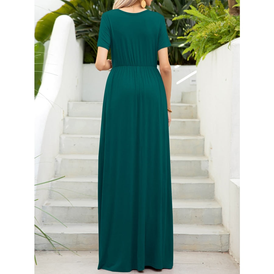 Round Neck Short Sleeve Maxi Dress with Pockets