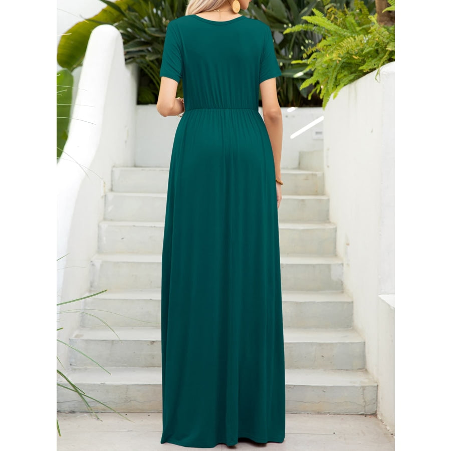 Round Neck Short Sleeve Maxi Dress with Pockets Deep Teal / S