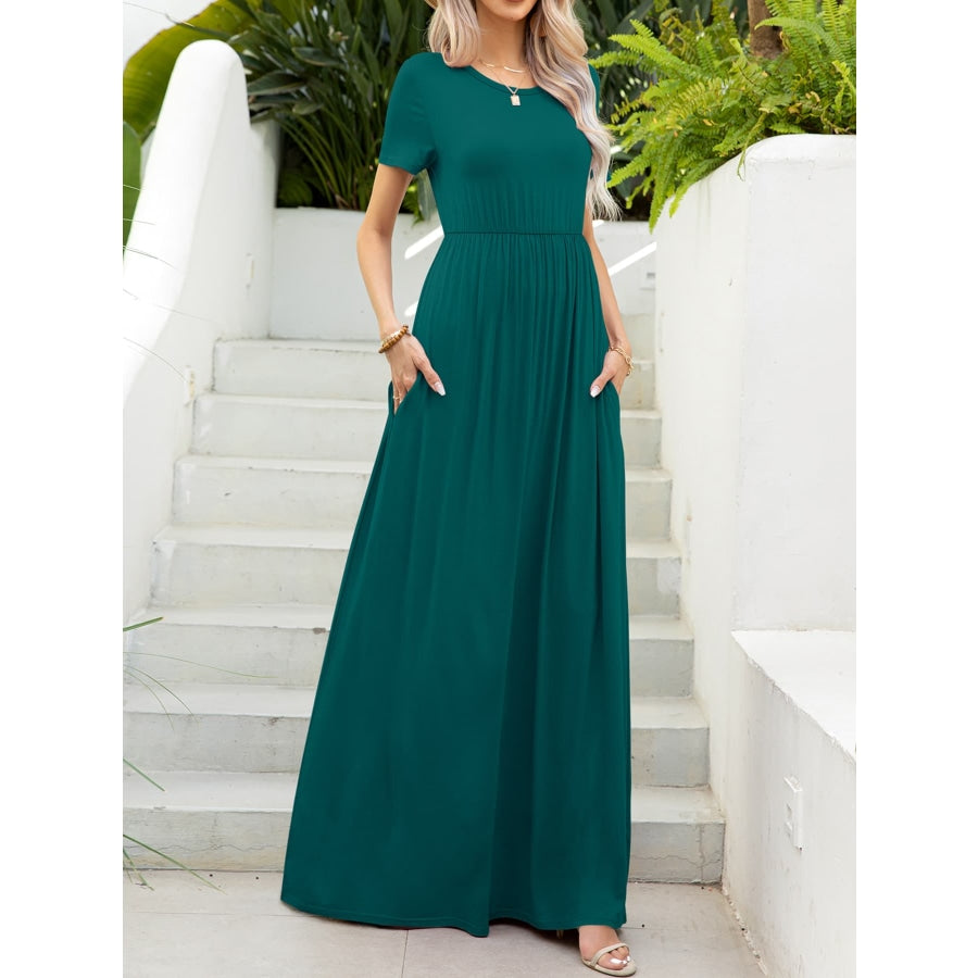 Round Neck Short Sleeve Maxi Dress with Pockets