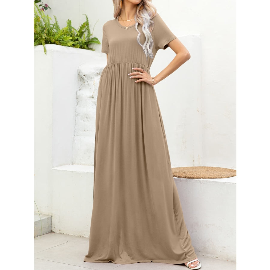 Round Neck Short Sleeve Maxi Dress with Pockets