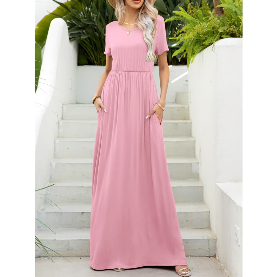 Round Neck Short Sleeve Maxi Dress with Pockets