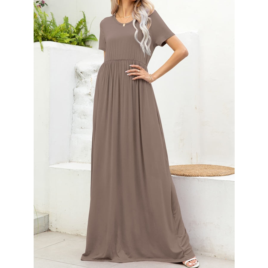 Round Neck Short Sleeve Maxi Dress with Pockets