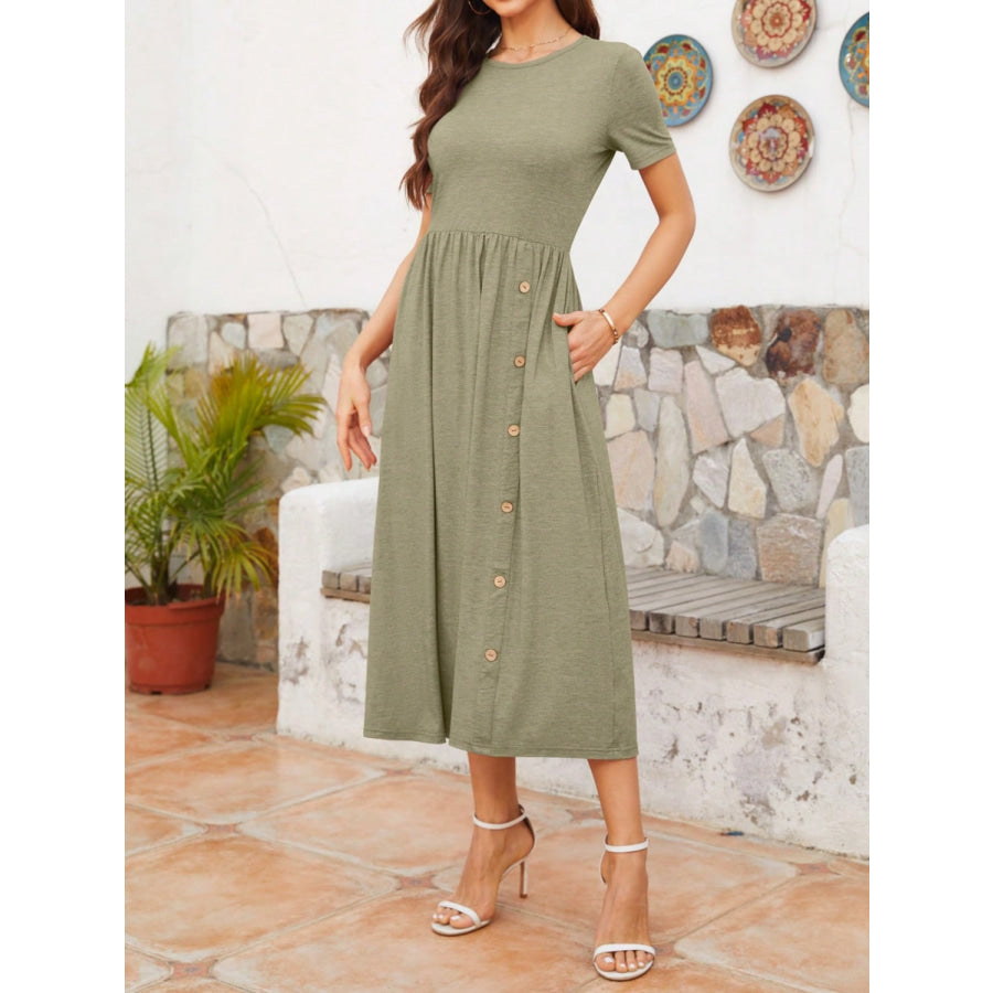 Round Neck Short Sleeve Midi Dress Sage / S Apparel and Accessories