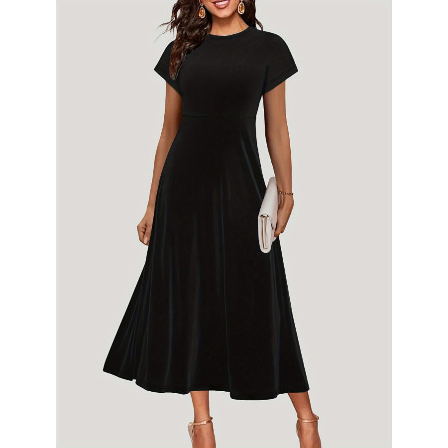 Round Neck Short Sleeve Midi Dress Black / S Apparel and Accessories