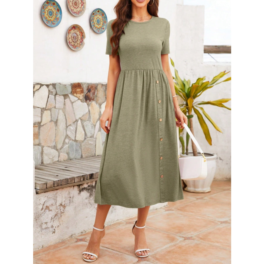 Round Neck Short Sleeve Midi Dress Sage / S Apparel and Accessories