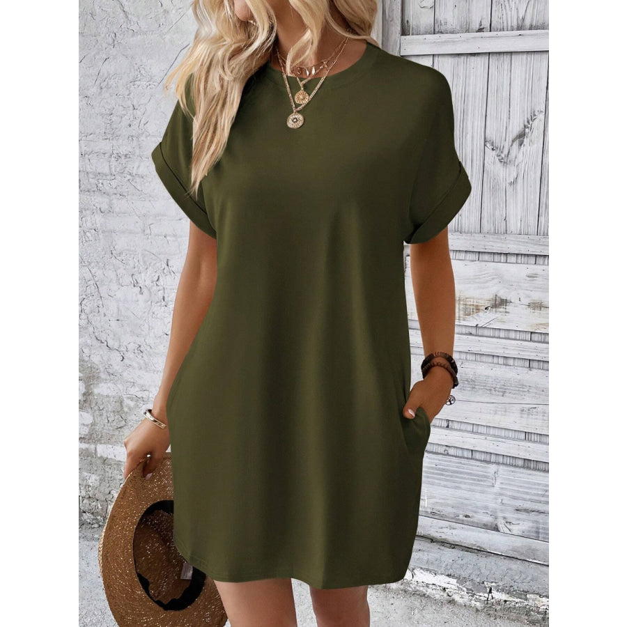 Round Neck Short Sleeve Mini Dress Army Green / S Apparel and Accessories