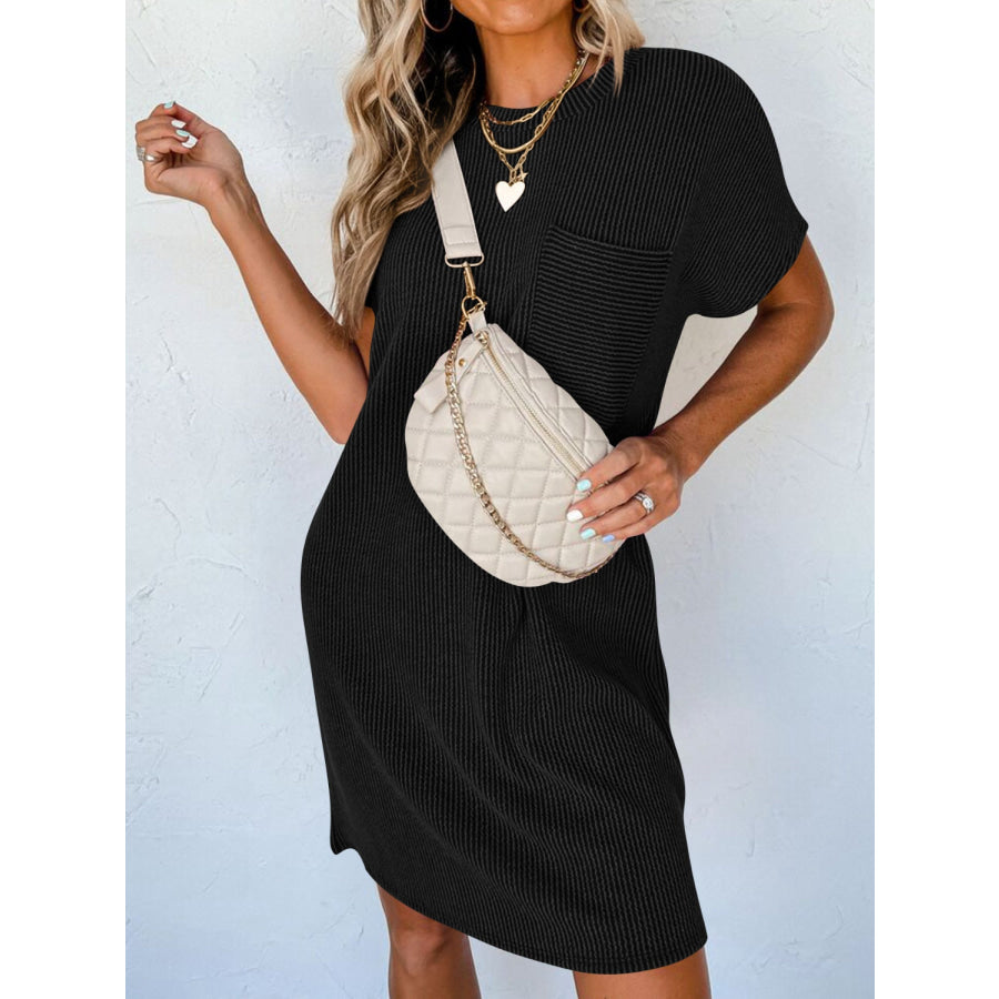 Round Neck Short Sleeve Mini Dress Black / S Apparel and Accessories