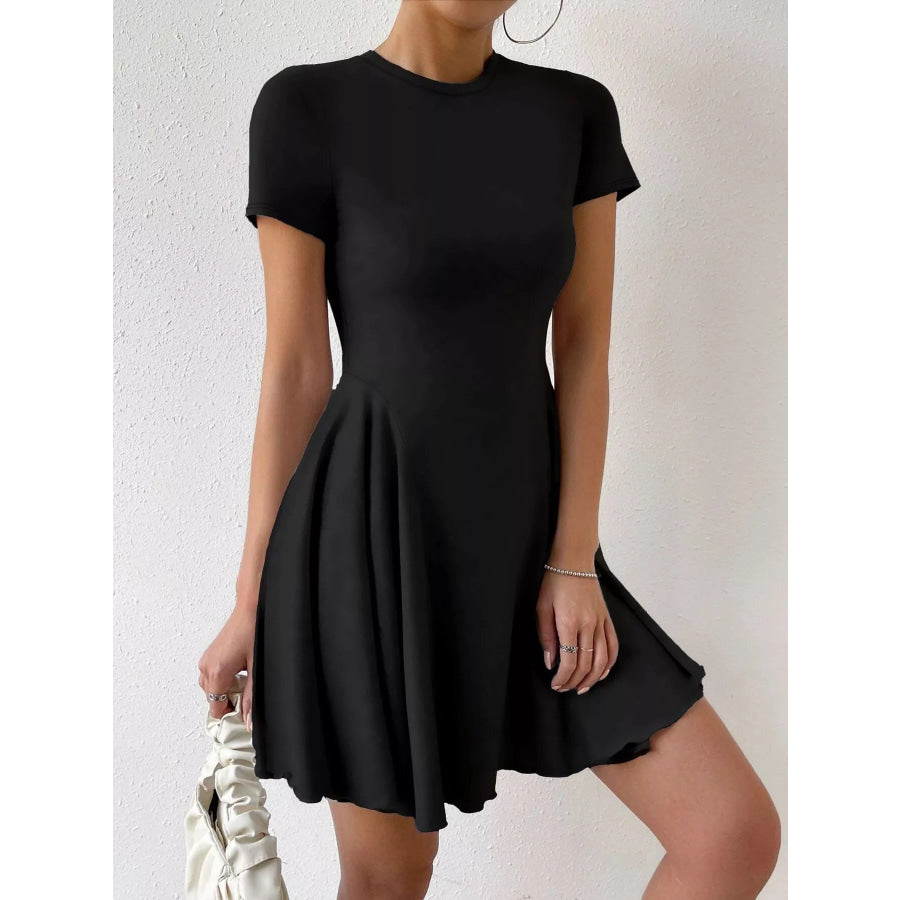 Round Neck Short Sleeve Mini Dress Black / S Apparel and Accessories
