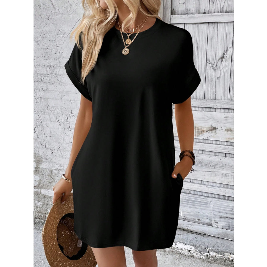 Round Neck Short Sleeve Mini Dress Black / S Apparel and Accessories