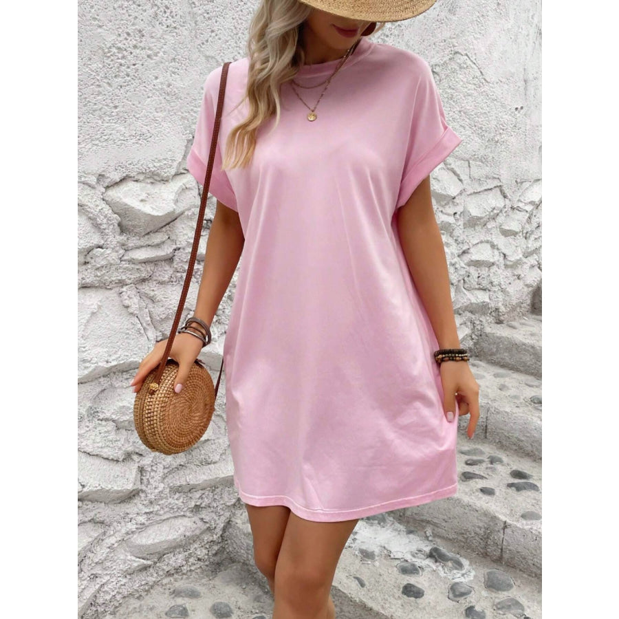 Round Neck Short Sleeve Mini Dress Blush Pink / S Apparel and Accessories