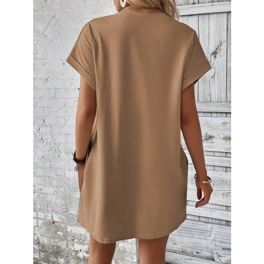 Round Neck Short Sleeve Mini Dress Camel / S Apparel and Accessories