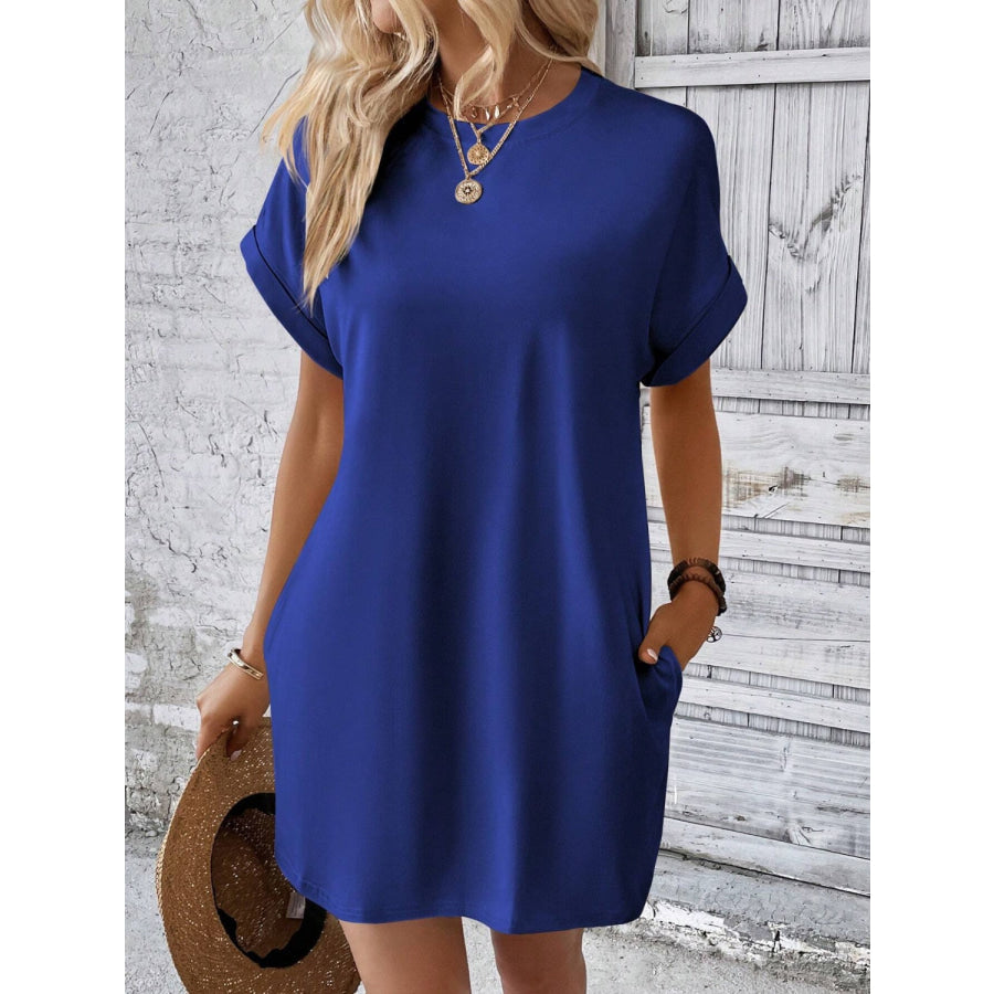 Round Neck Short Sleeve Mini Dress Dark Blue / S Apparel and Accessories