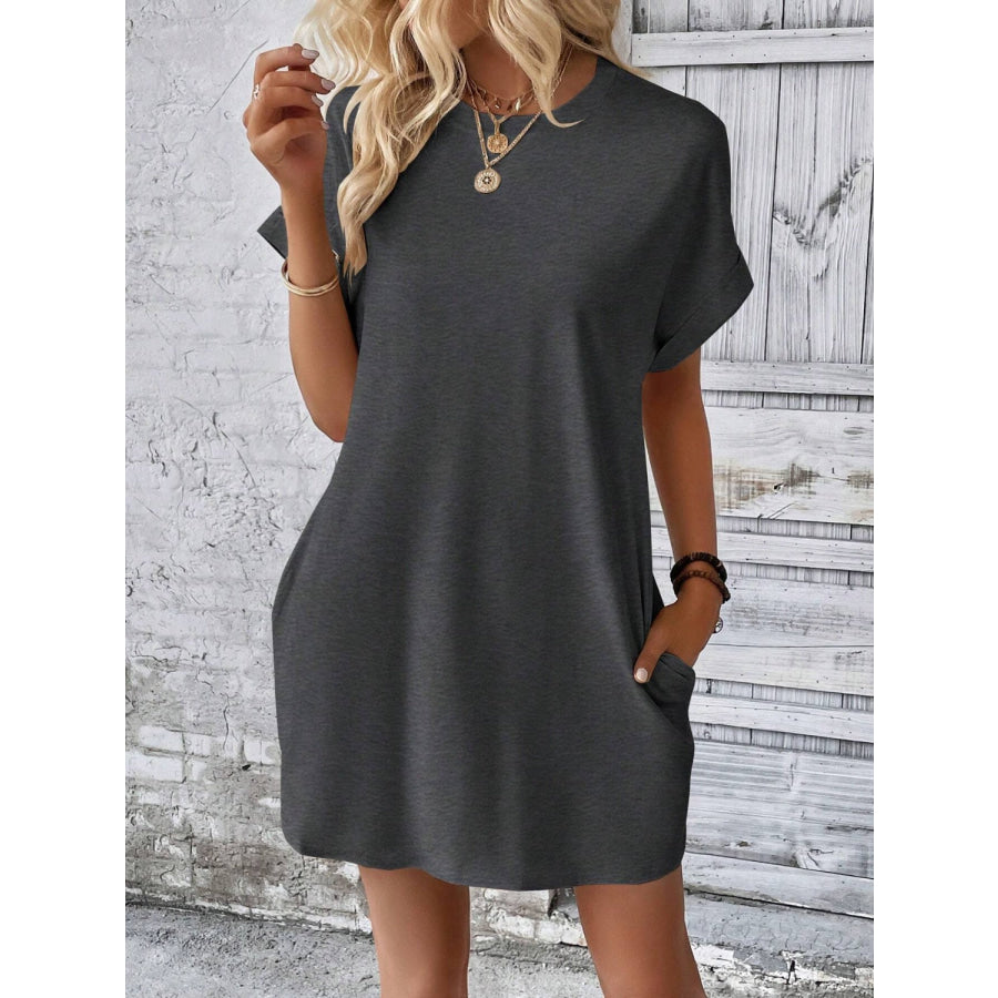 Round Neck Short Sleeve Mini Dress Dark Gray / S Apparel and Accessories