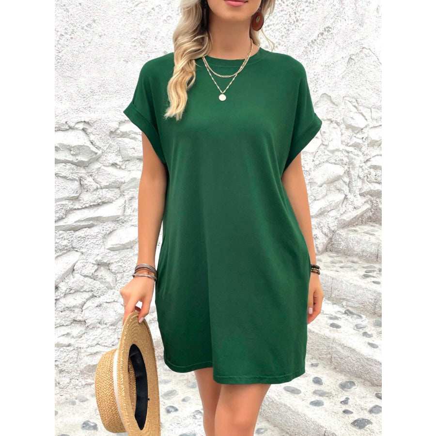 Round Neck Short Sleeve Mini Dress Dark Green / S Apparel and Accessories