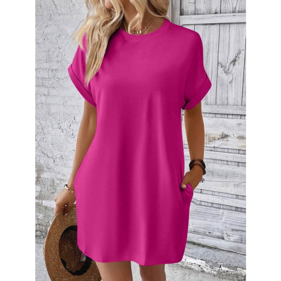 Round Neck Short Sleeve Mini Dress Hot Pink / S Apparel and Accessories